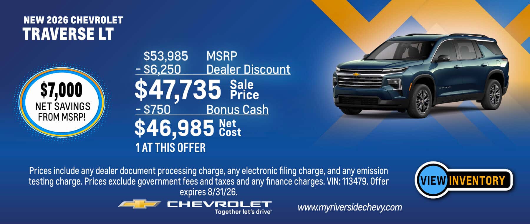 Purchase a New 2026 Chevrolet Traverse LT with $7,000 Net Savings from MSRP! Offer expires 8/31/26.