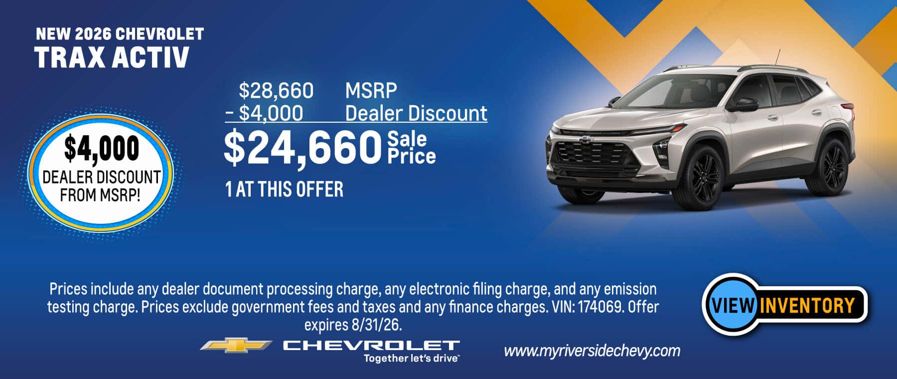 Purchase a New 2026 Chevrolet Trax ACTIV with $4,000 Dealer Discount from MSRP! Offer expires 8/31/26.