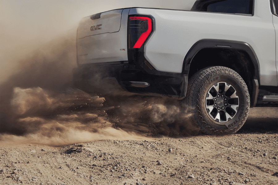 2026 GMC Sierra EV tire in the dust