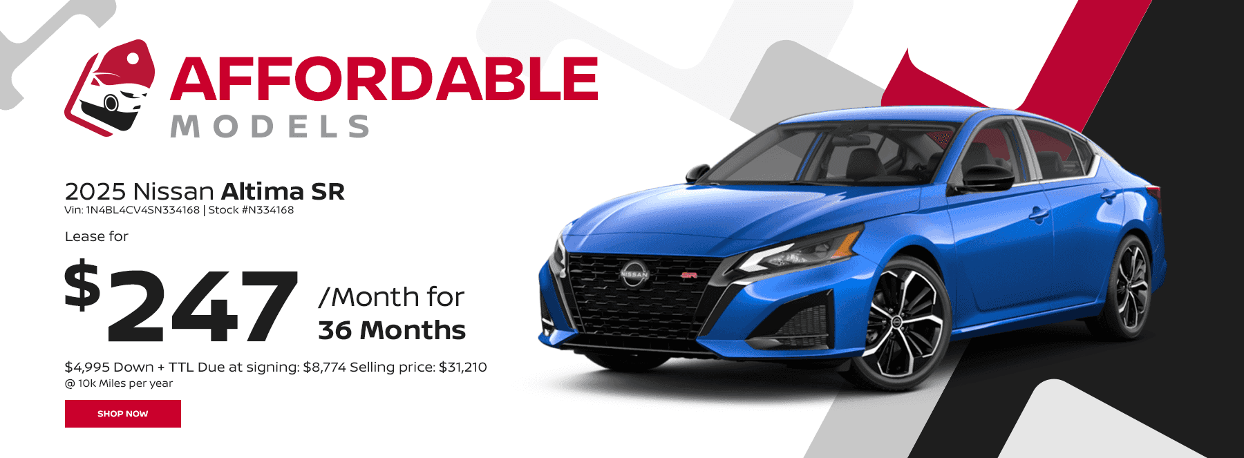 2025 Nissan Altima SR Vin: 1N4BL4CV4SN334168 Stock #N334168 36 Month Lease @ 10k Miles per year $4,995 Down + TTL Due at signing: $8,774 Selling price: $31,210 Payments: $247 per month