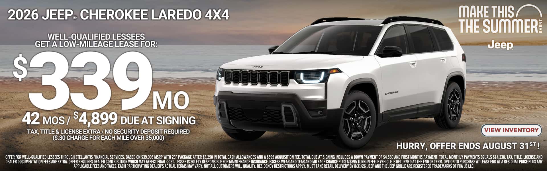 2026 Jeep Cherokee Laredo 4x4 - Lease for $339 per month