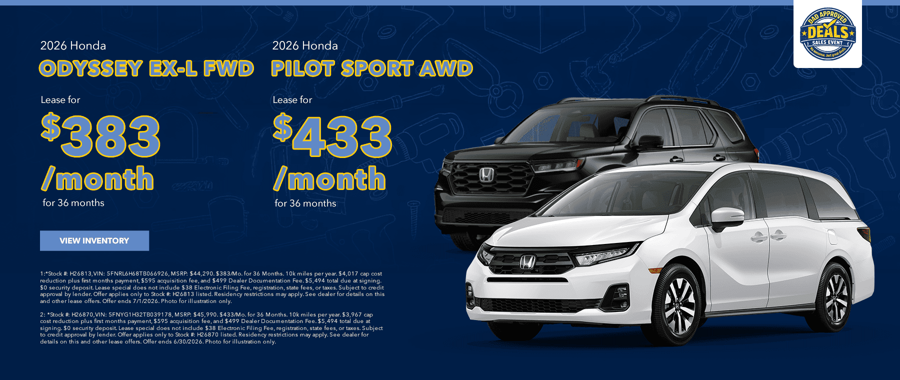2026 Honda Odyssey EX-L FWD and 2026 Honda Pilot Sport AWD