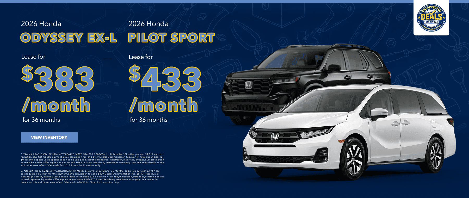 2026 Honda Odyssey EX-L and 2026 Honda Pilot Sport