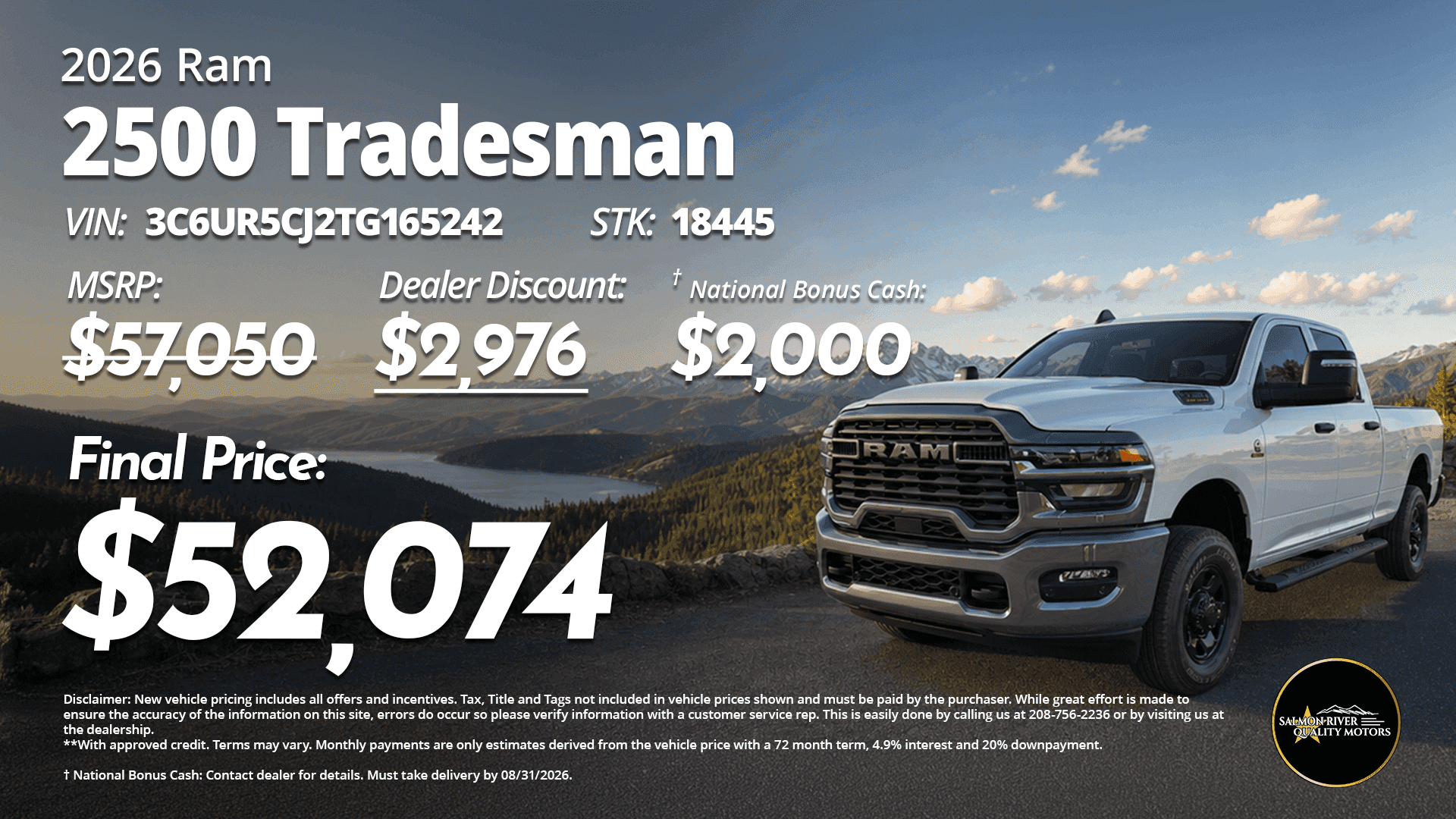 2026 Ram 2500 Tradesman at Salmon River Quality Motors with a final price of $52,074.
