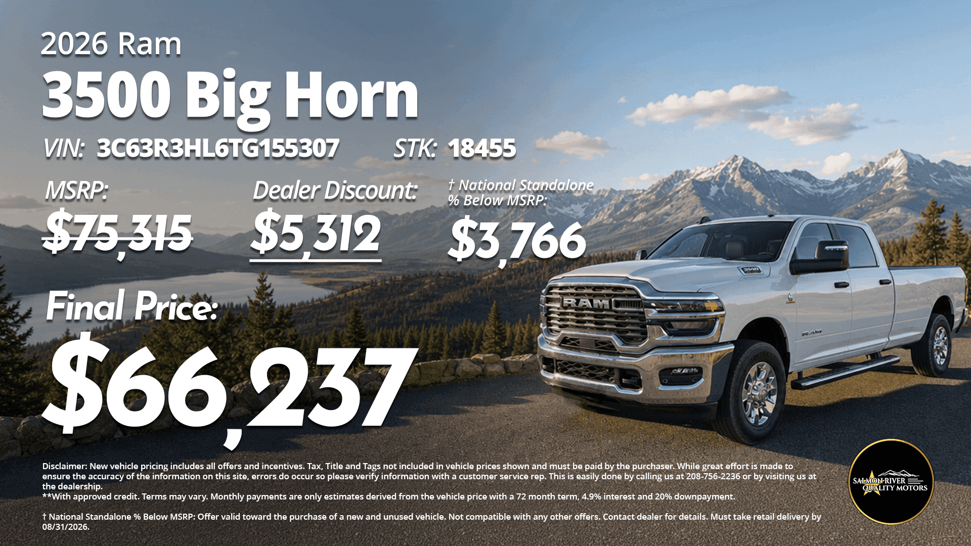 2026 Ram 3500 Big Horn at Salmon River Quality Motors with a final price of $66,237.