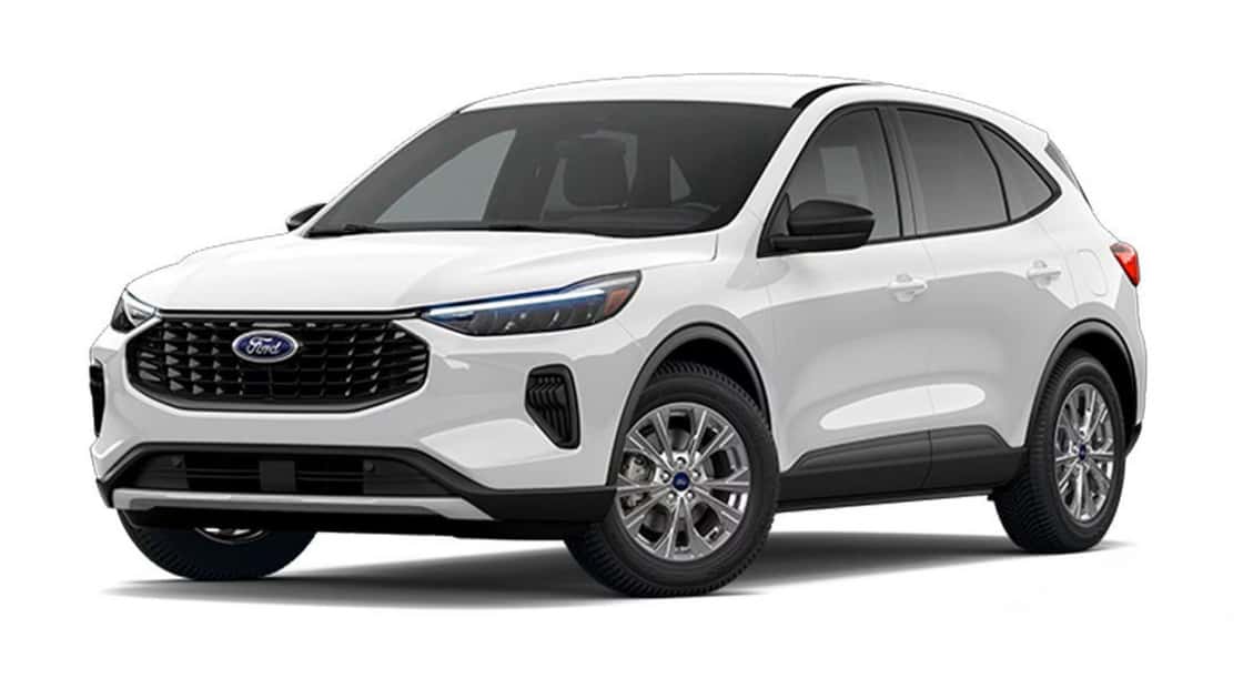 White Ford Escape® SUV shown in front three-quarter studio view with black grille, LED lighting, and silver wheels.