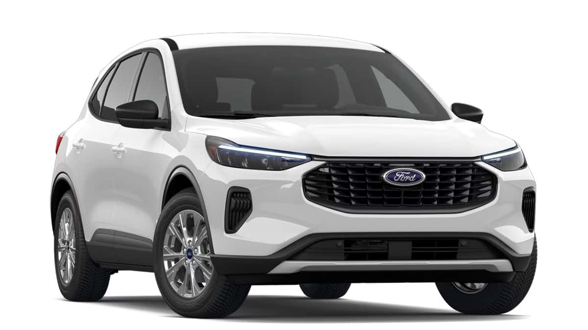 2026 Ford Escape® in white shown in a front three-quarter studio view with black grille and compact SUV styling.