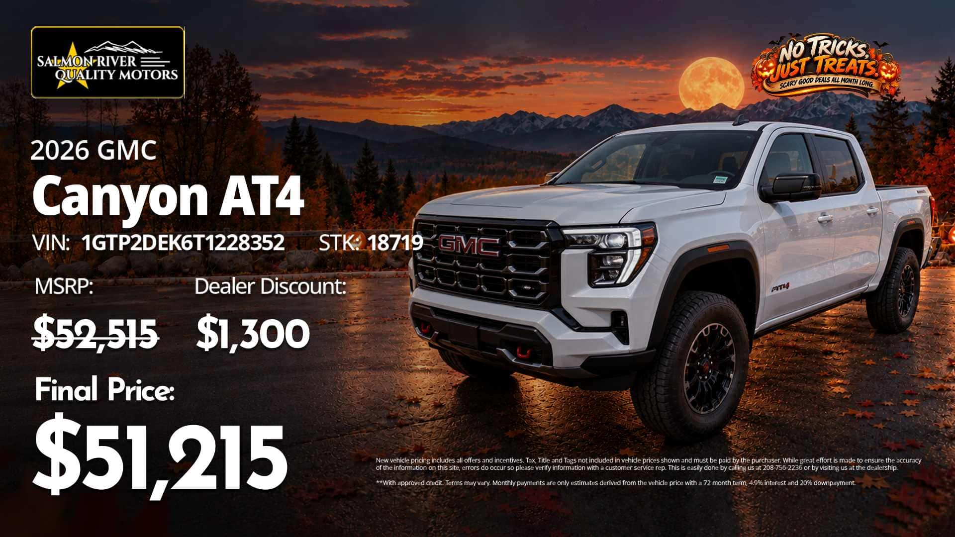 2026 GMC Canyon AT4 at Salmon River Quality Motors with a final price of $51,215.
