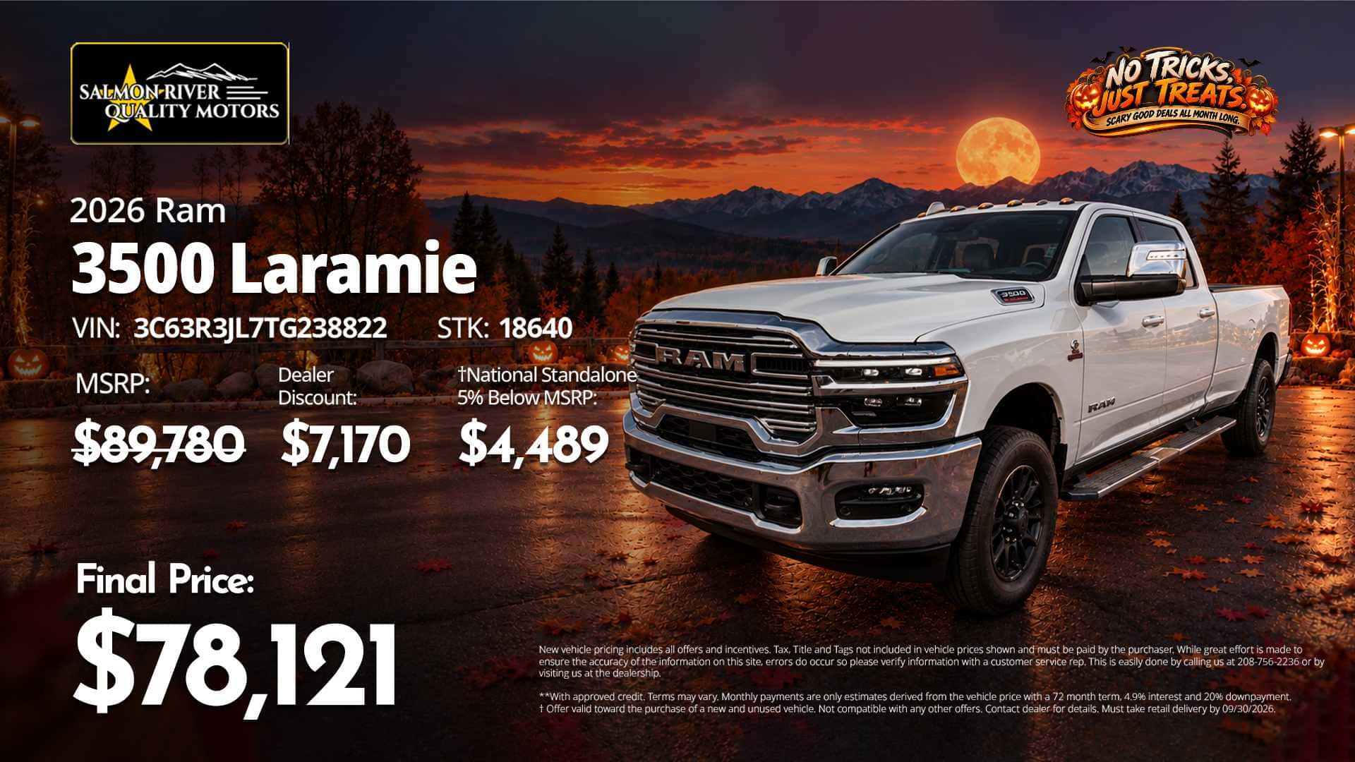 2026 Ram 3500 Laramie at Salmon River Quality Motors with a final price of $78,121.