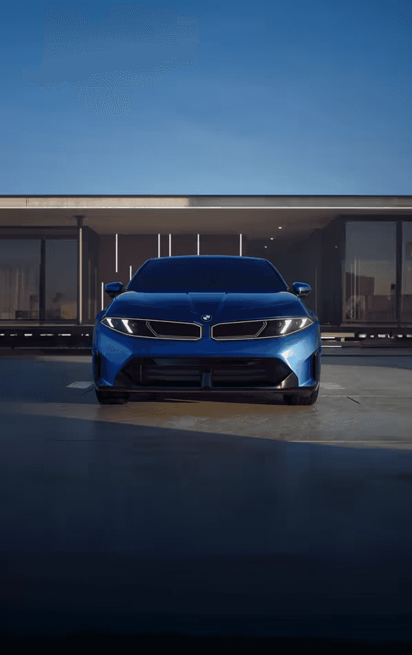 Dramatic low front view of the 2027 2027 BMW i3 Sedan parked in front of a modern home
