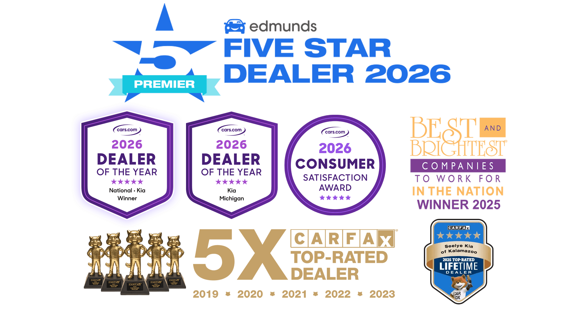 Seelye Kia Awards 2026 - Edmunds Five Star Premier Dealer, Cars.com Dealer of the Year Michigan & National Winner 2026, Best and Brightest Companies to Work For 2025, CarFax Top Rated Dealer, CarFax 5X Award Winner