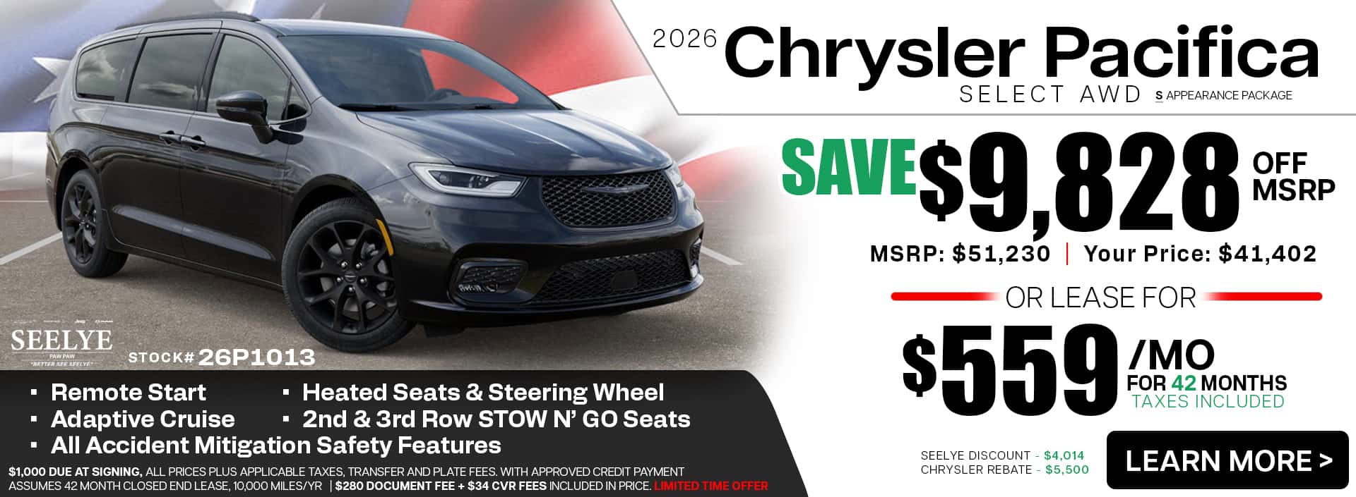 Chrysler Pacifica Select AWD - September Save $9828 OR LEASE $559 per month