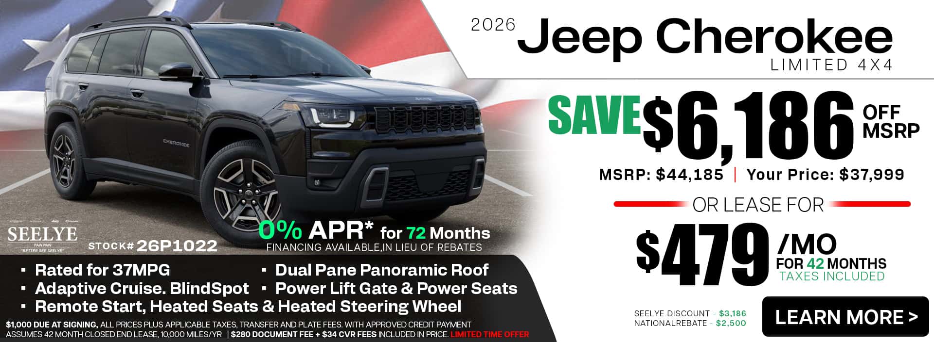 2026 Jeep Cherokee Limited - Save $6,186 or in lieu or rebates Financing Available for 0% APR for 72 Months - OR- Lease for $479/mo