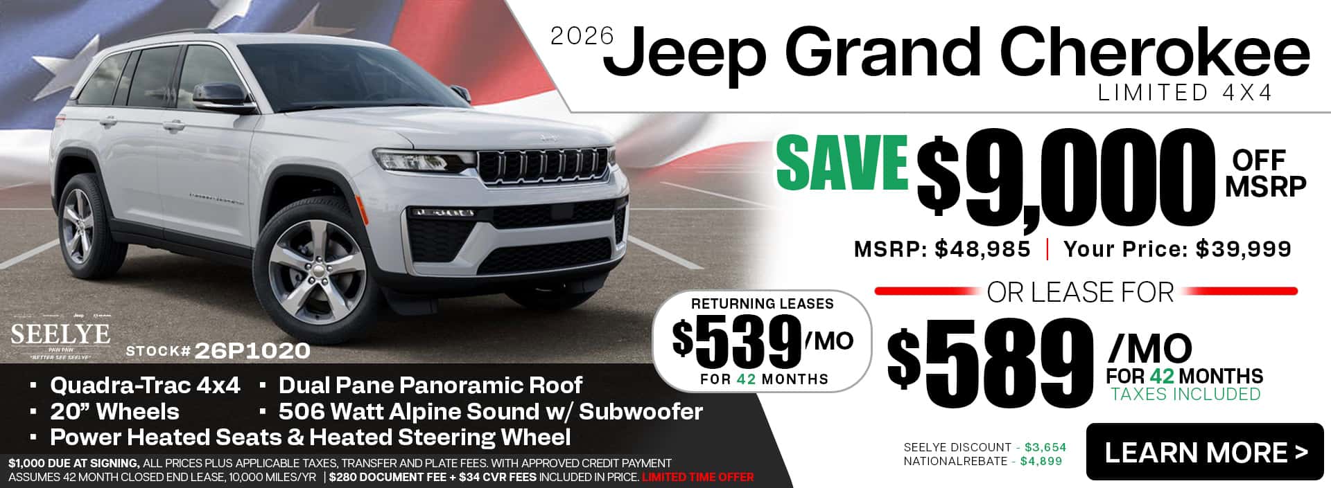 2026 Jeep Grand Cherokee - Save $9,000 Off MSRP OR LEASE for $589/mo, Qualifying Returning Leases $539/mo
