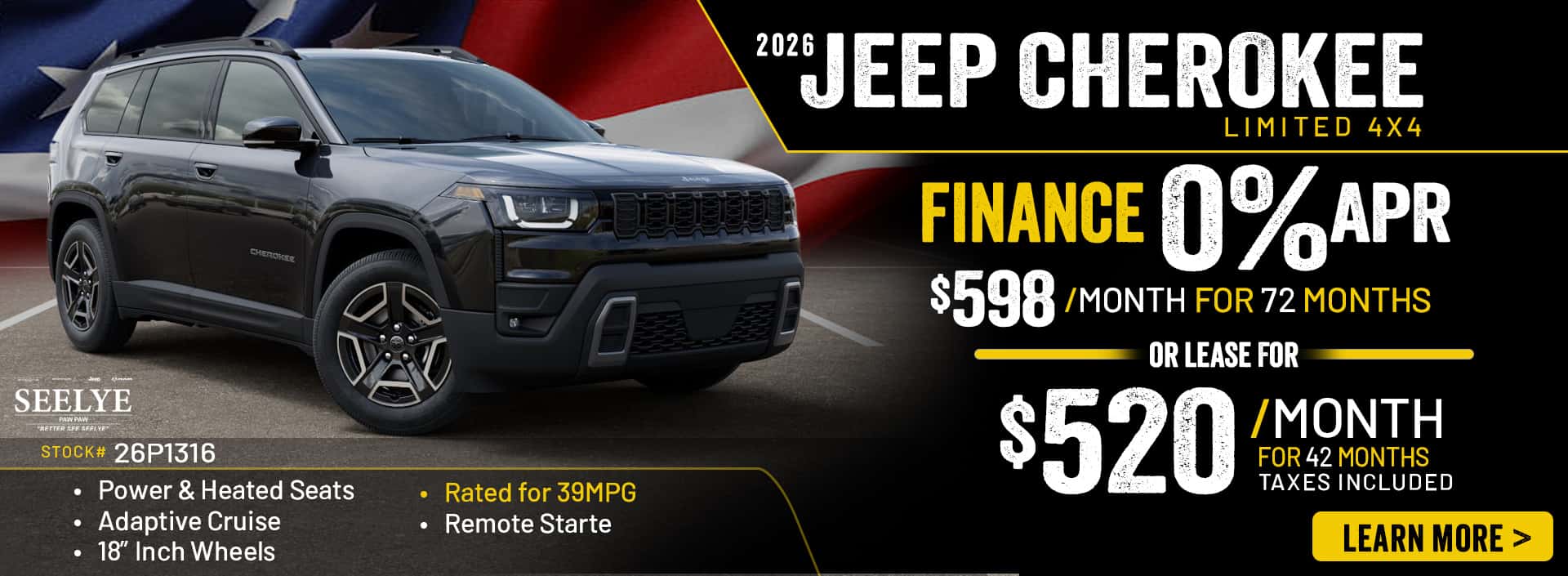 2026 Jeep Cherokee Limited - October Offer Finance 0% APR $598 per Month for 72 Months or Lease for $520 Per Month for 42 Months