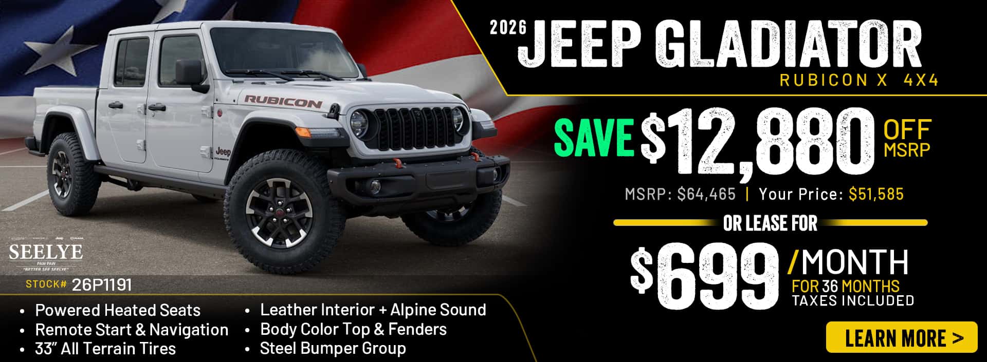 2026 Jeep Gladiator Rubicon X 4x4 - October Offer, Save $12,880 off MSRP or Lease for $699 Per Month for 36 Months