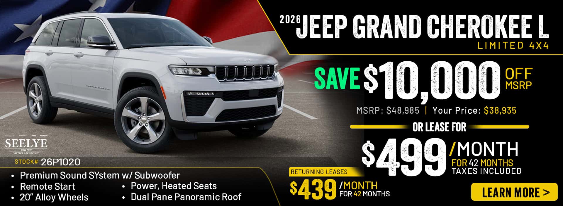 2026 Jeep Cherokee Limited - Save $10,000 or Lease for $499/mo for 42 Months (Returning Leases for $439)