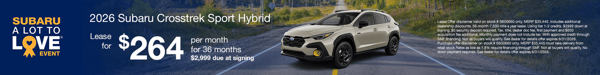 2026 Subaru Crosstrek Sport Hybrid Subtext: $2999 down - $264 per month.