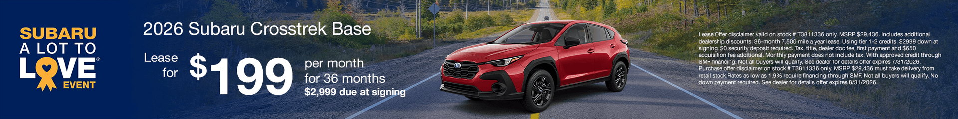 2026 Subaru Crosstrek Base Subtext: $2999 down - $199 per month.
