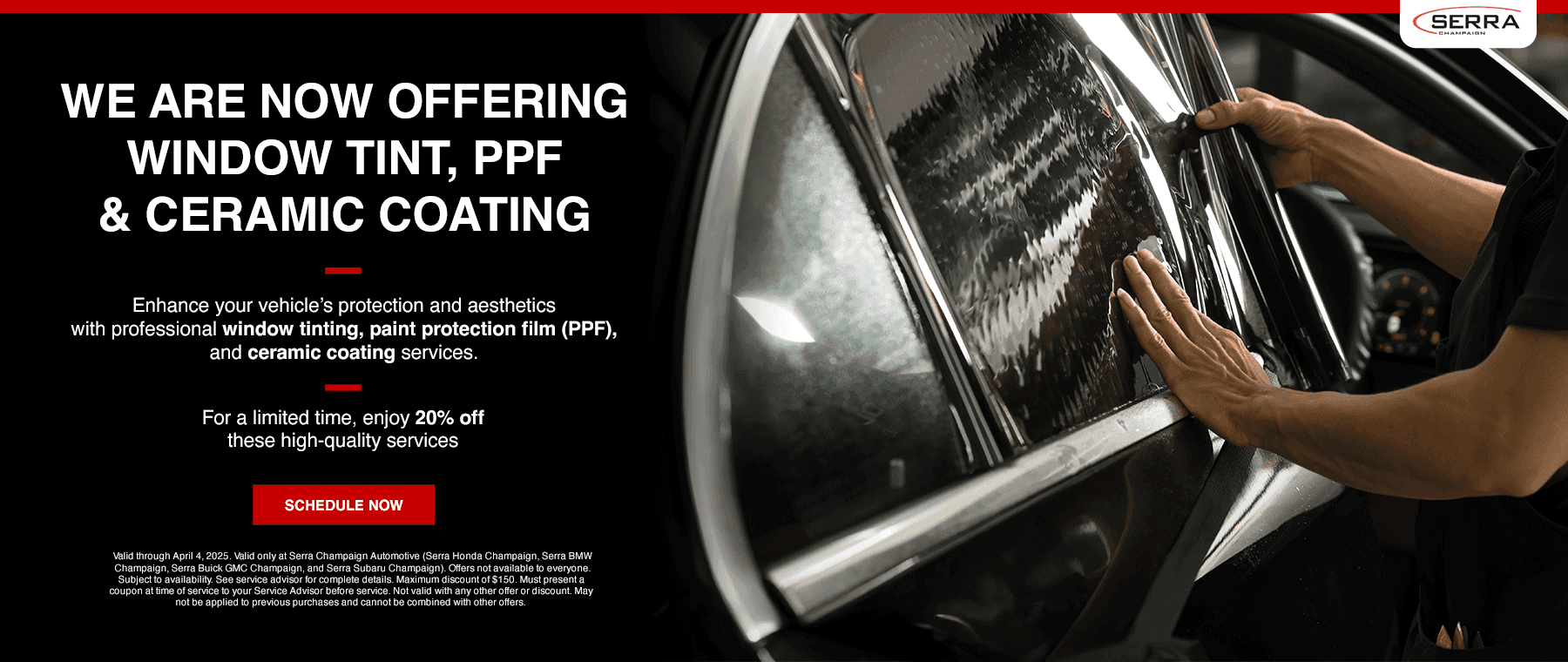 We are now offering window tint, PPF, and Ceramic Coating. For a limited time, enjoy 20% off these high-quality services.