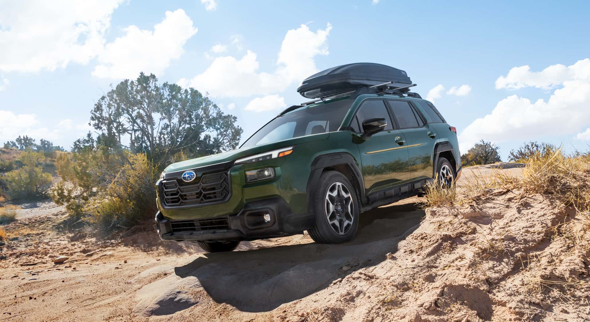 Green Subaru Outback with roof cargo box driving down a sandy off road trail, surrounded by desert brush under a clear blue sky.