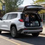 2026 GMC Acadia with liftgate open at a school drop-off, sports gear and backpacks loaded in the cargo area, Watertown SD back-to-school carpool