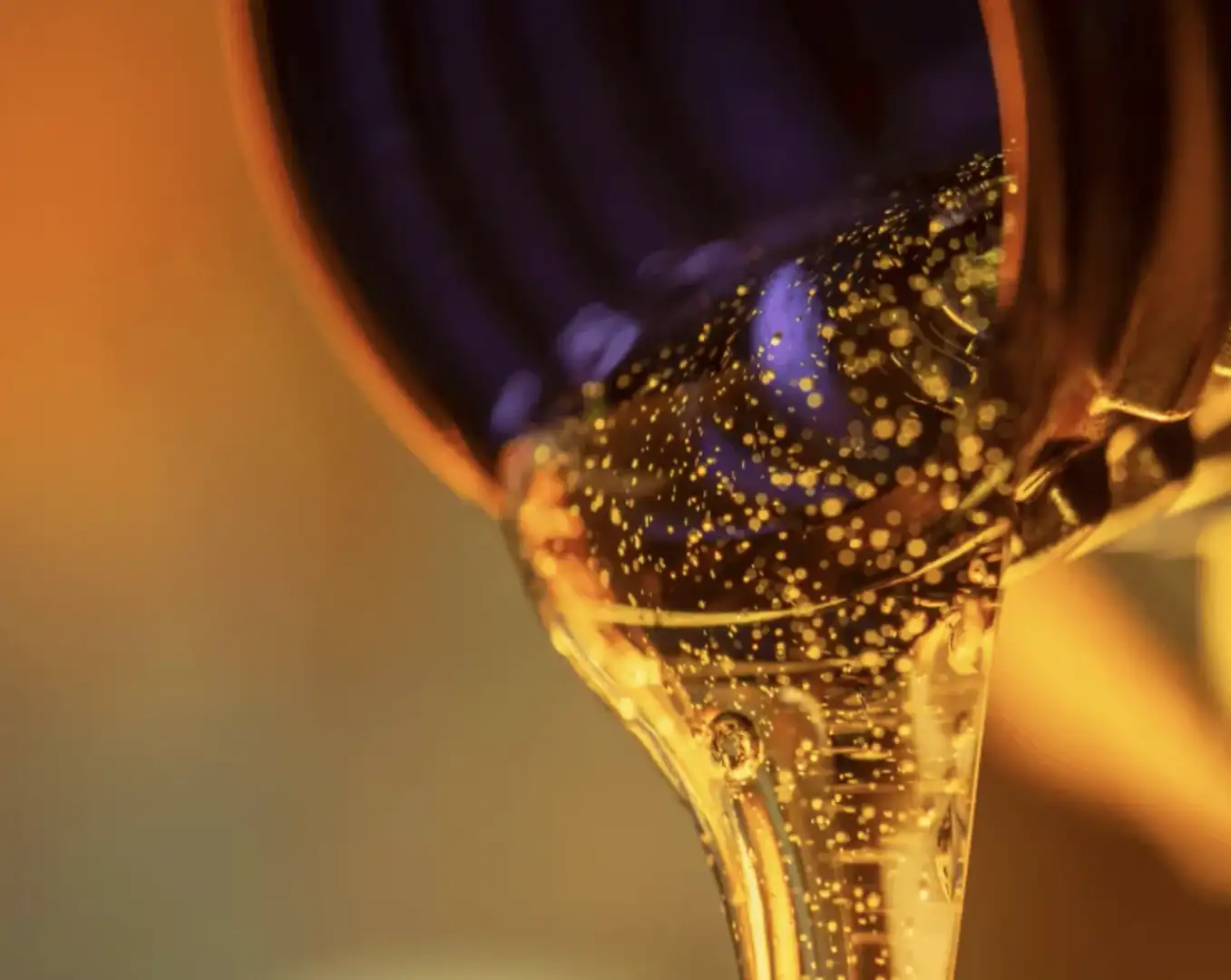 Close-up of fresh motor oil being poured from a bottle during a Honda oil change service