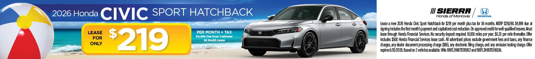 2026 Honda Civic Sport Hatchback Lease Special