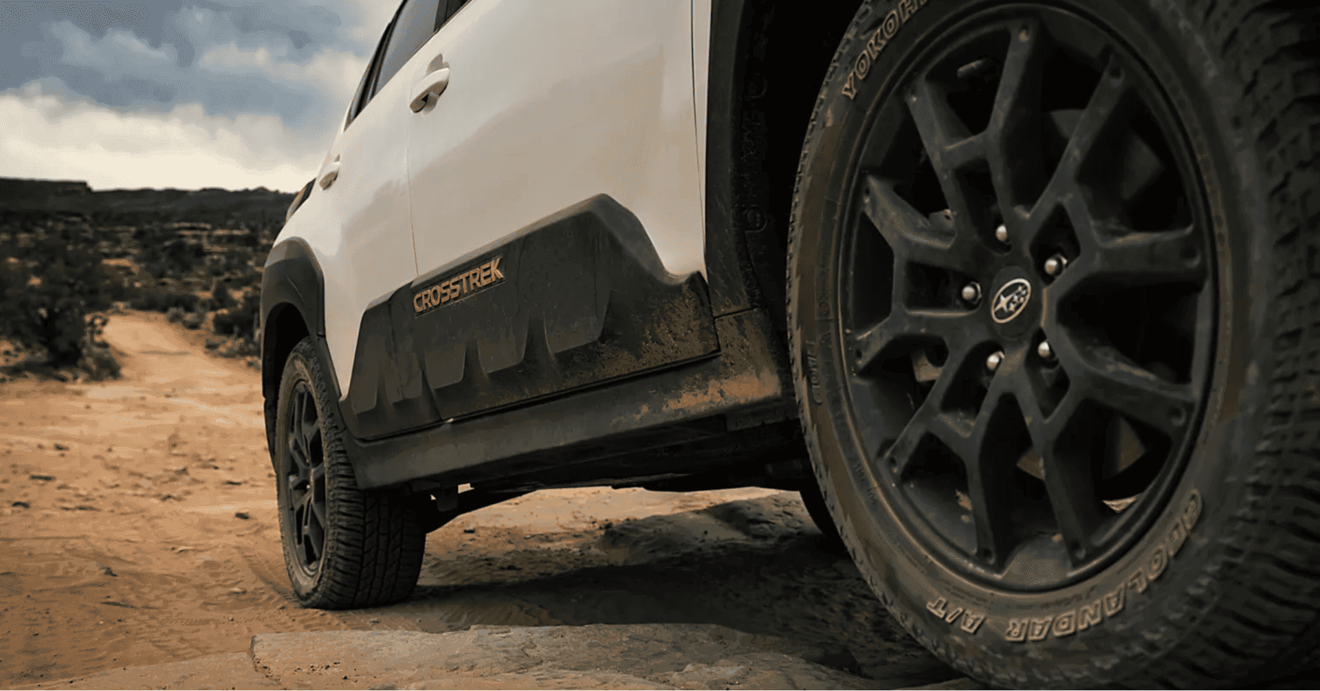 The 2026 Subaru Crosstrek Wilderness matte black-finish 17-inch alloy wheels and Yokohama GEOLANDAR all-terrain tires