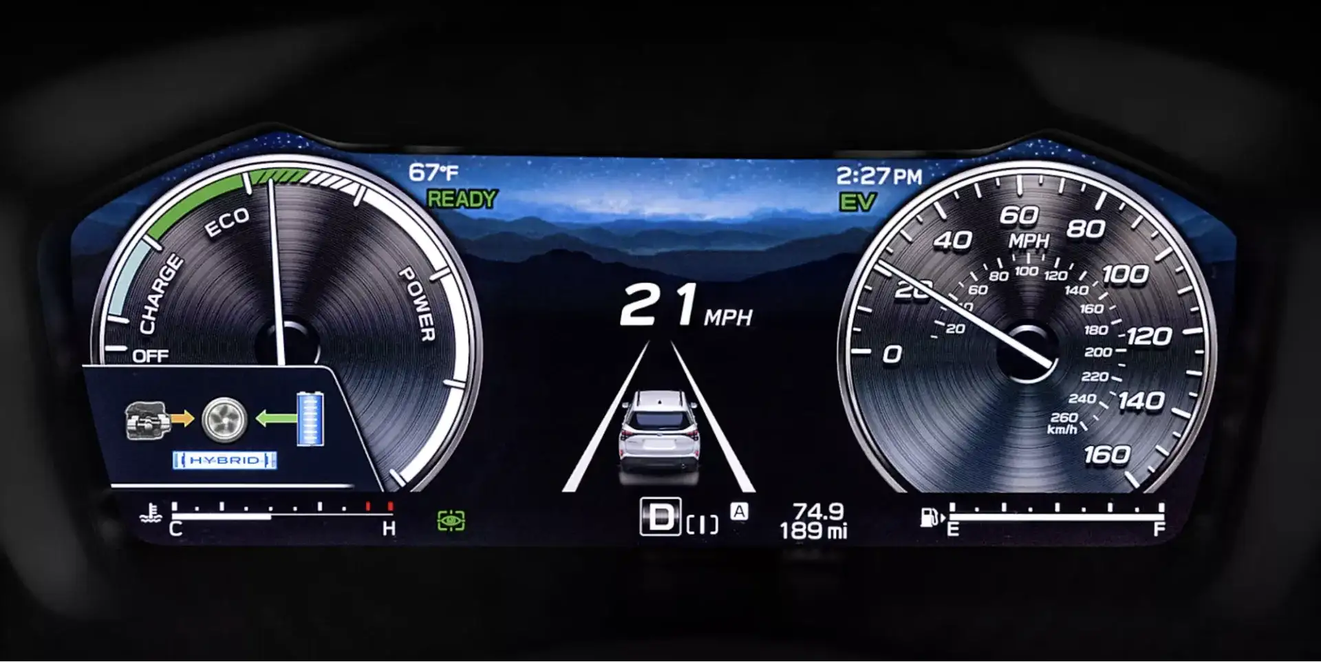 Forester Hybrid fully digital instrument cluster including hybrid power meter, navigation, and EyeSight system information