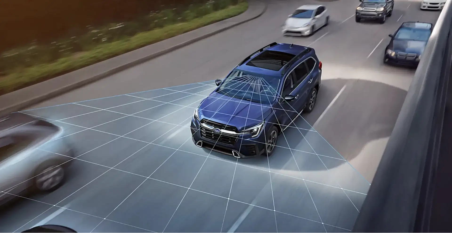 The Subaru Outback on a highway with Subaru Eyesight sensor lines scanning surrounding traffic