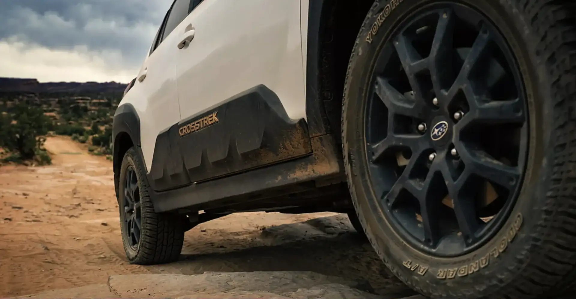 The 2026 Subaru Crosstrek Wilderness matte black-finish 17-inch alloy wheels and Yokohama GEOLANDAR all-terrain tires