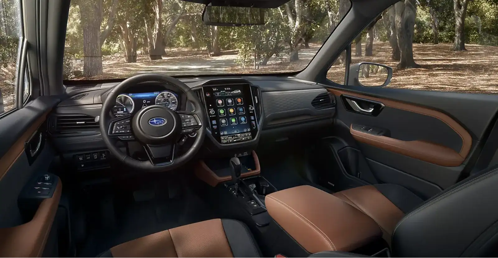 The 2026 Subaru Forester Touring Hybrid interior shown in Touring Brown Leather