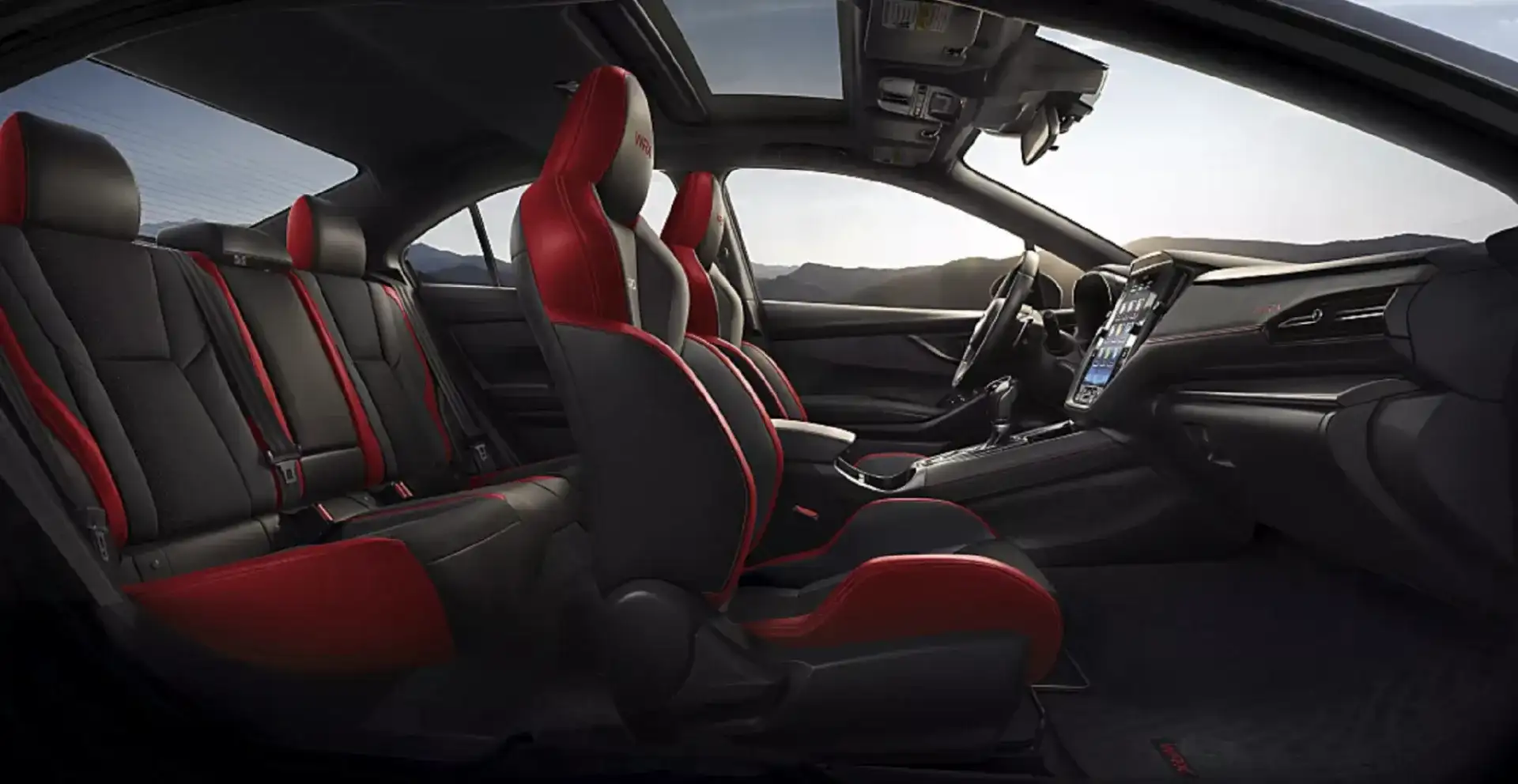 2026 Subaru WRX GT interior shown in Black Ultrasuede® and Leather with Red Bolsters and Trim