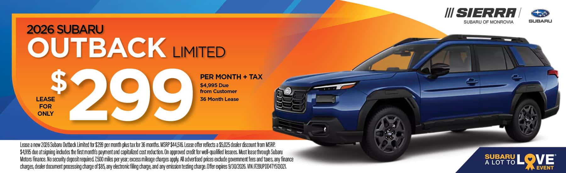 2026 Subaru Outback Limited lease offer at Sierra Subaru of Monrovia in Monrovia, CA