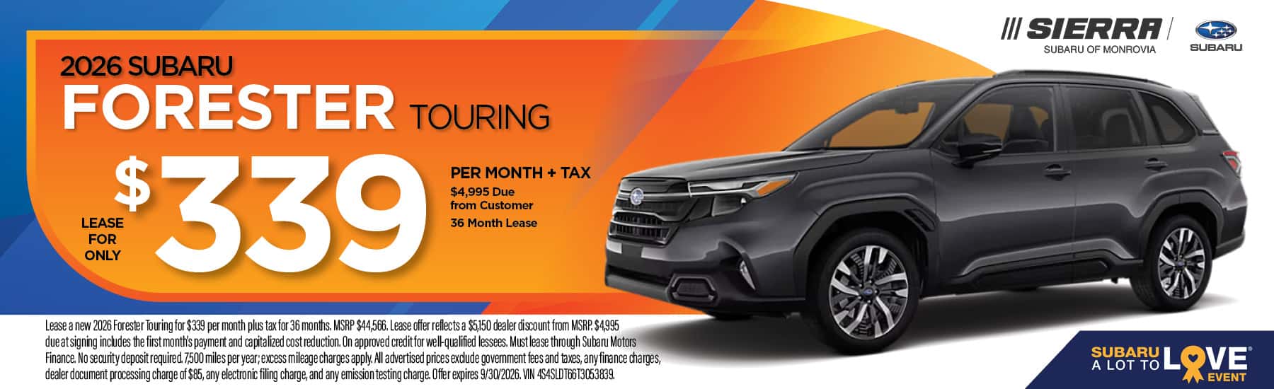 2026 Subaru Forester Touring lease offer at Sierra Subaru of Monrovia in Monrovia, CA