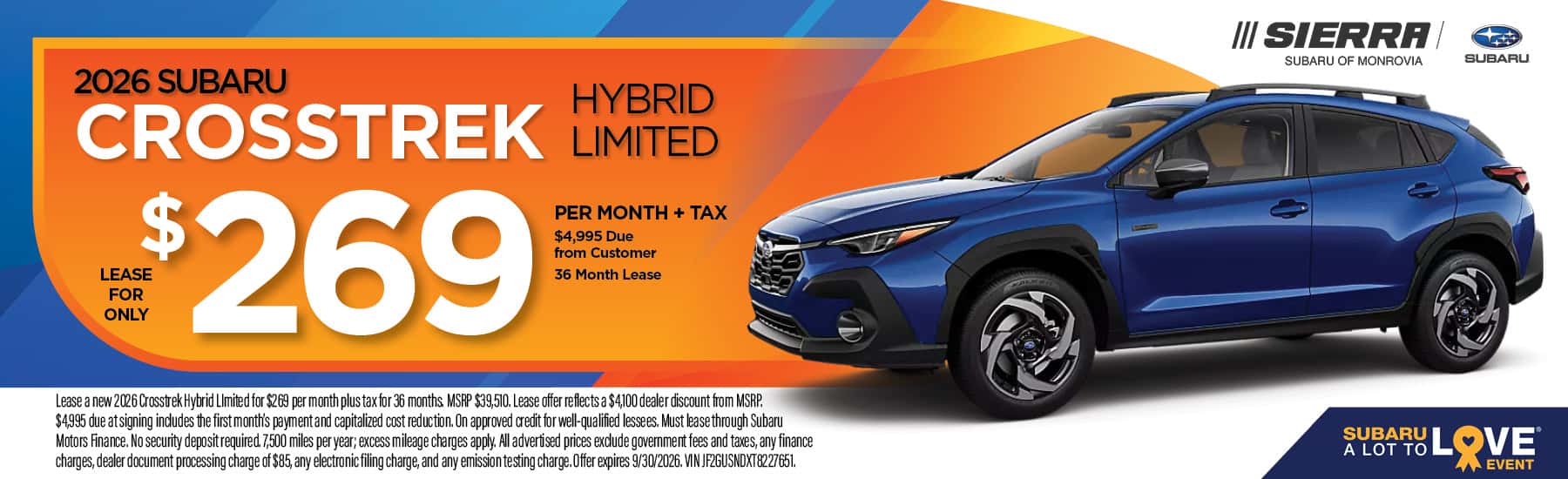 2026 Subaru Crosstrek Hybrid Limited lease offer at Sierra Subaru of Monrovia in Monrovia, CA