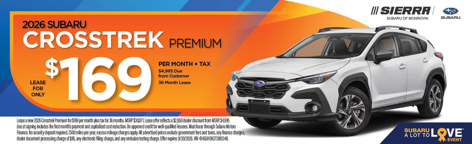 2026 Subaru Crosstrek Premium lease offer at Sierra Subaru of Monrovia in Monrovia, CA