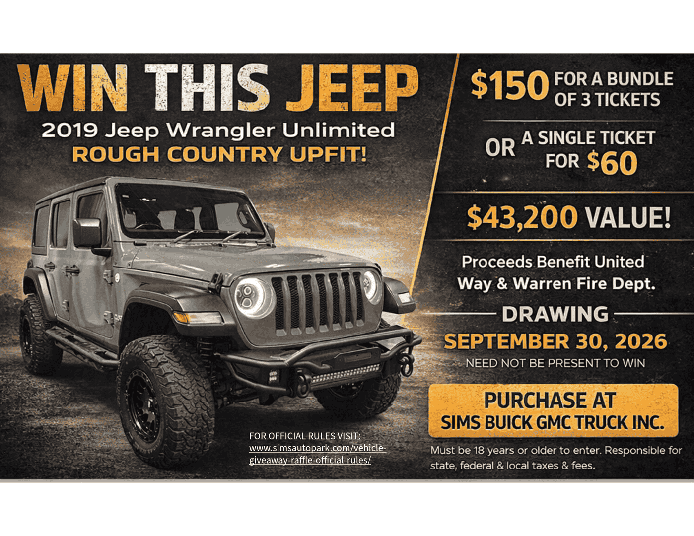 Official Jeep raffle flyer for Sims Buick GMC Truck Inc.