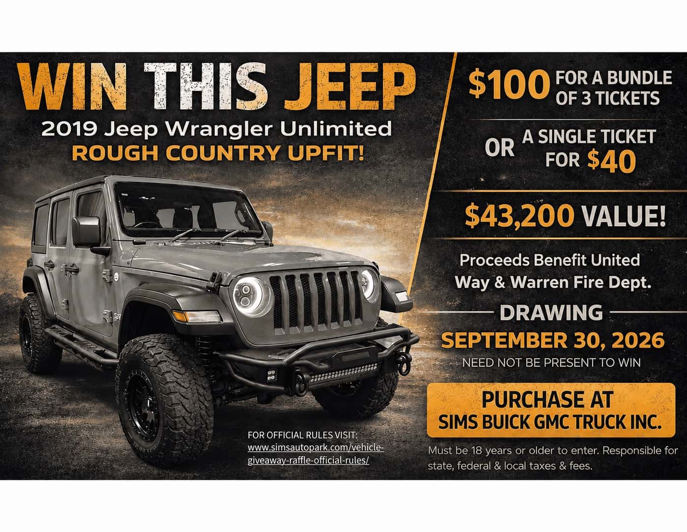 Official Jeep raffle flyer for Sims Buick GMC Truck Inc.