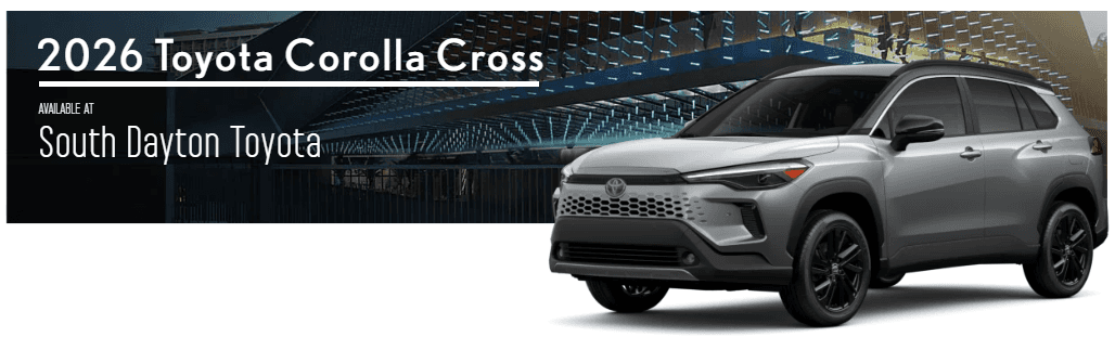 2026 Toyota Corolla Cross parked near Cincinnati skyline