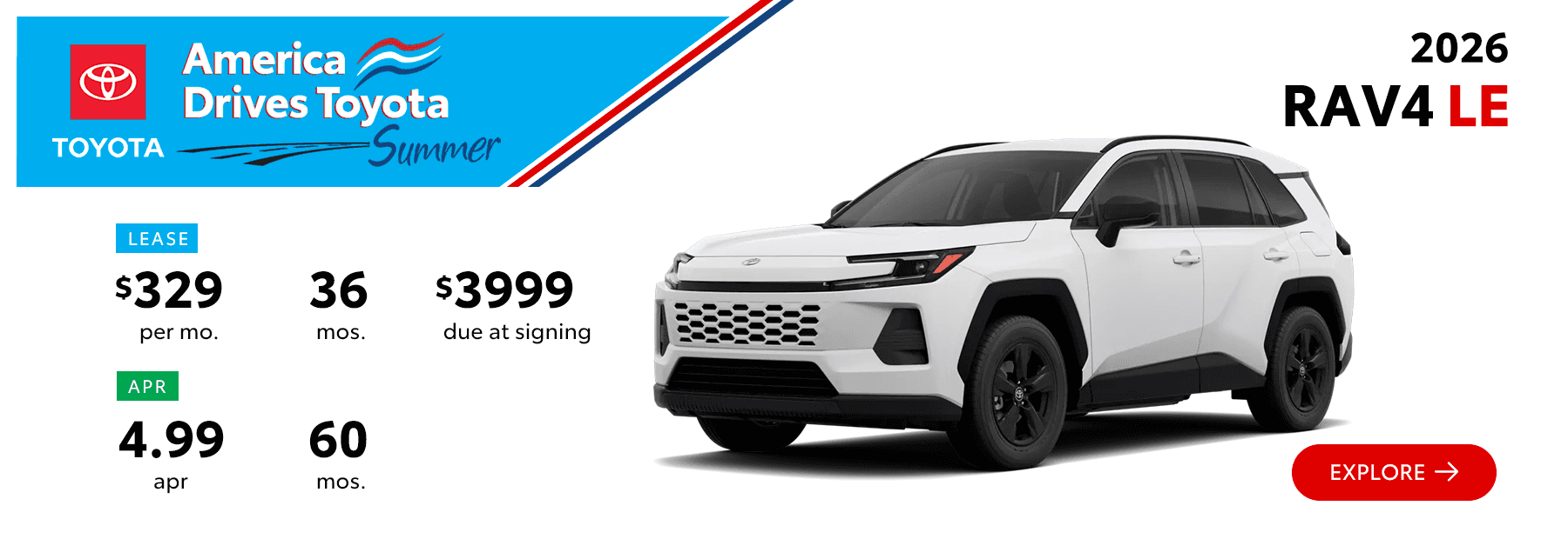 2026 Toyota RAV4 LE Lease Offer $329 per month and 4.99% APR – South Dayton Toyota America Drives Toyota Summer Event in Miamisburg Ohio