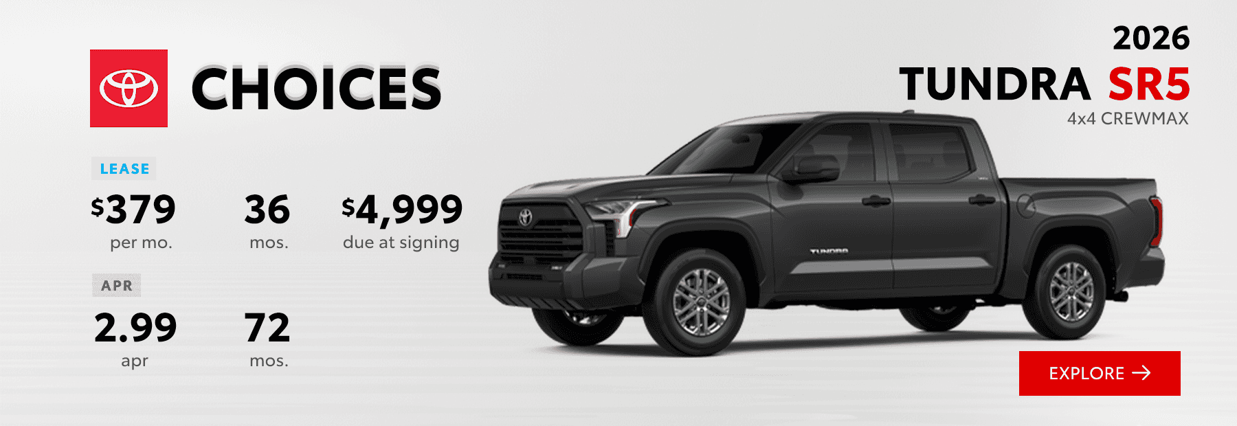 2026 Toyota Tundra SR5 4x4 CrewMax lease offer $379 per month and 2.99% APR – South Dayton Toyota in Miamisburg Ohio
