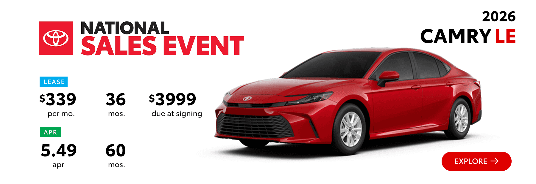 2026 Toyota Camry LE Lease Offer $339 per month and 5.49% APR – South Dayton Toyota National Sales Event in Miamisburg Ohio