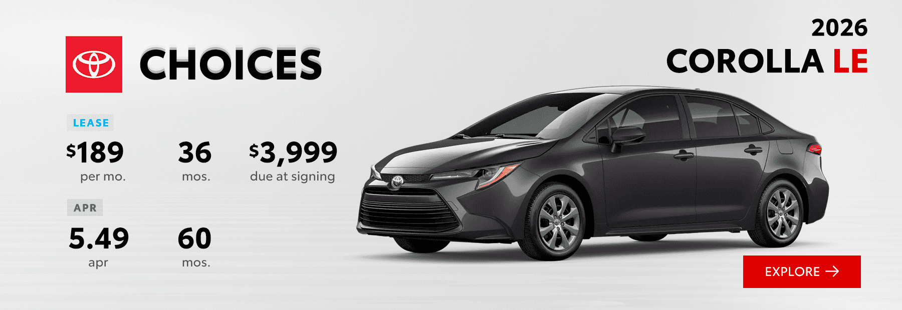 2026 Toyota Corolla LE lease offer $189 per month and 5.49% APR – South Dayton Toyota in Miamisburg Ohio