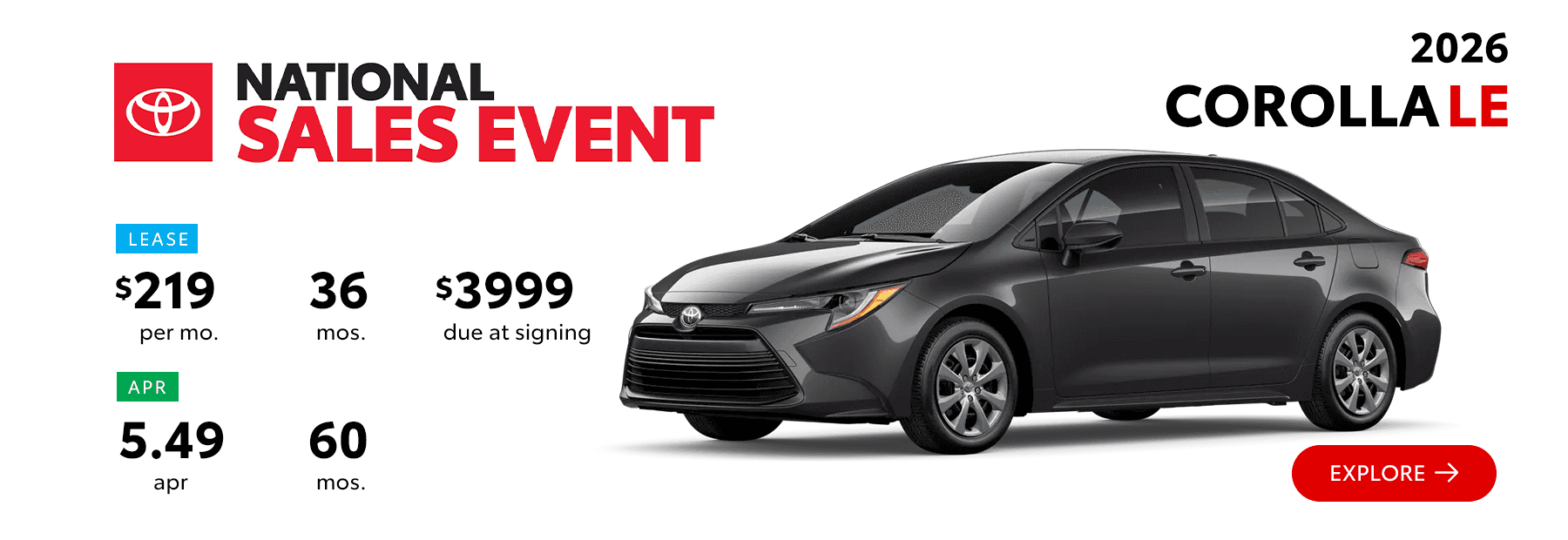 2026 Toyota Corolla LE Lease Offer $219 per month and 5.49% APR – South Dayton Toyota National Sales Event in Miamisburg Ohio