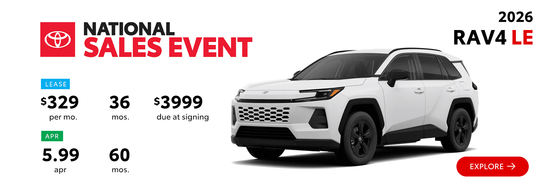 2026 Toyota RAV4 LE Lease Offer $329 per month and 5.99% APR – South Dayton Toyota National Sales Event in Miamisburg Ohio