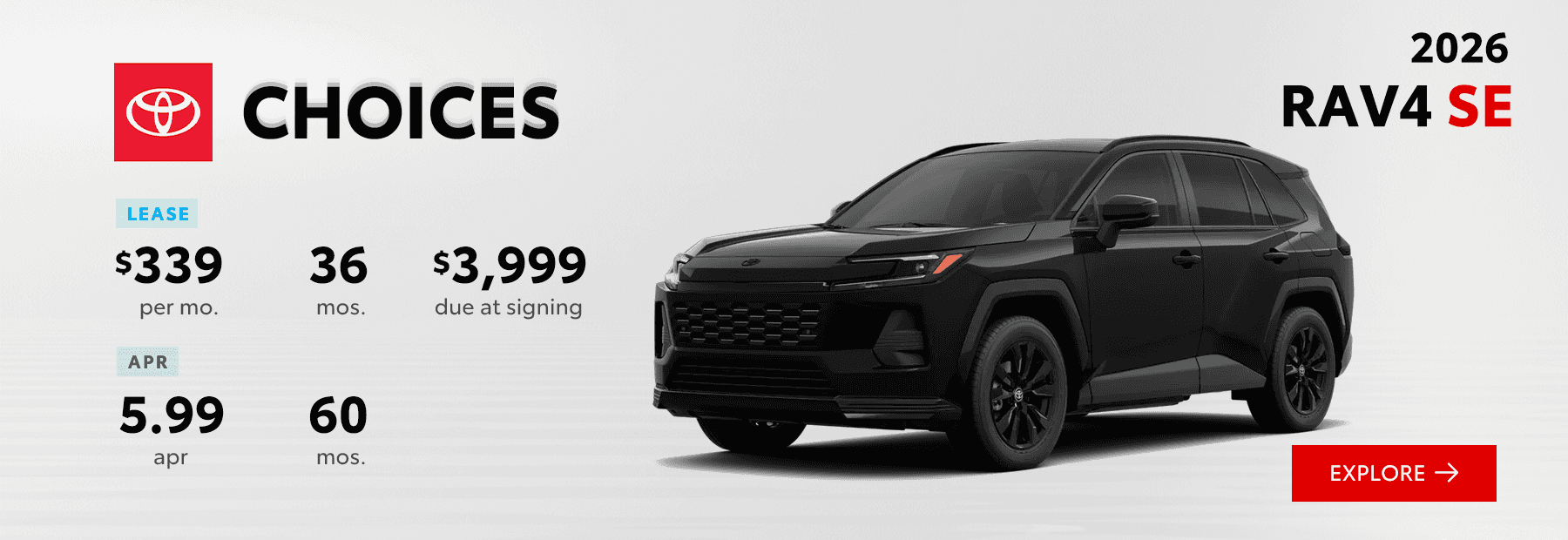2026 Toyota RAV4 SE lease offer $339 per month and 5.99% APR – South Dayton Toyota in Miamisburg Ohio
