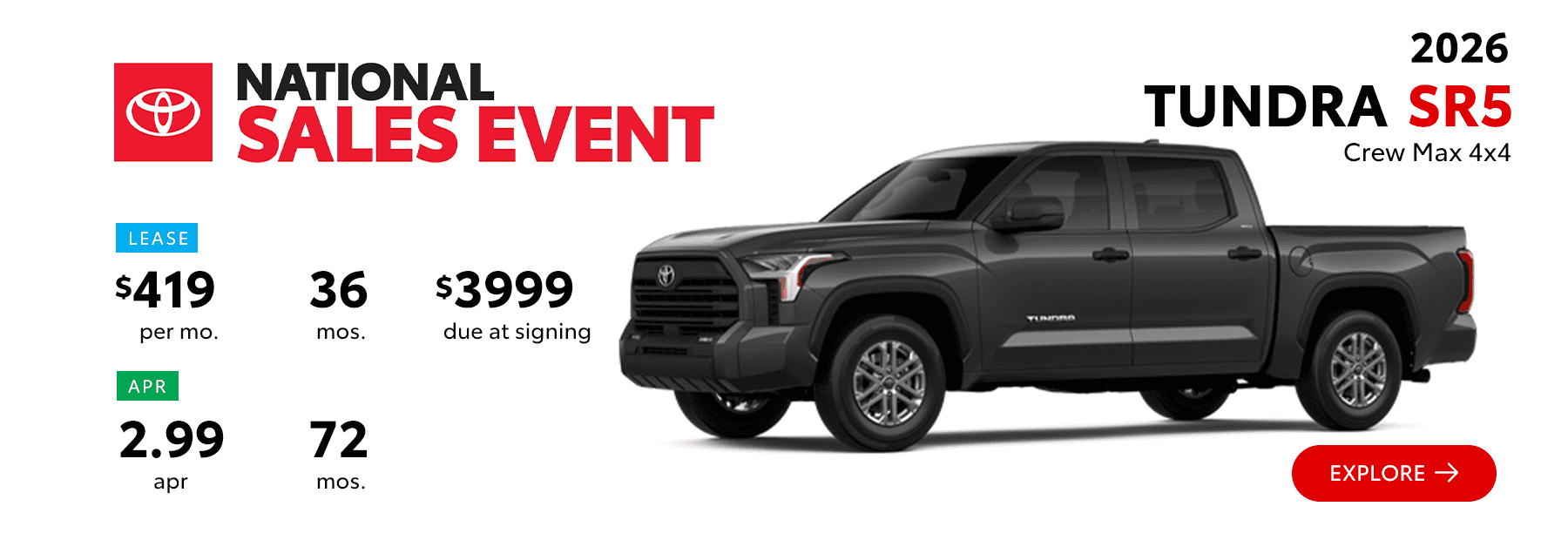 2026 Toyota Tundra SR5 CrewMax 4x4 Lease Offer $419 per month and 2.99% APR – South Dayton Toyota National Sales Event in Miamisburg Ohio