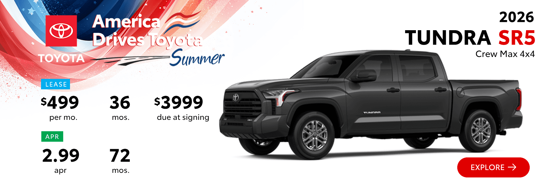 2026 Toyota Tundra SR5 CrewMax 4x4 Lease Offer $499 per month and 2.99% APR – South Dayton Toyota America Drives Toyota Summer Event in Miamisburg Ohio